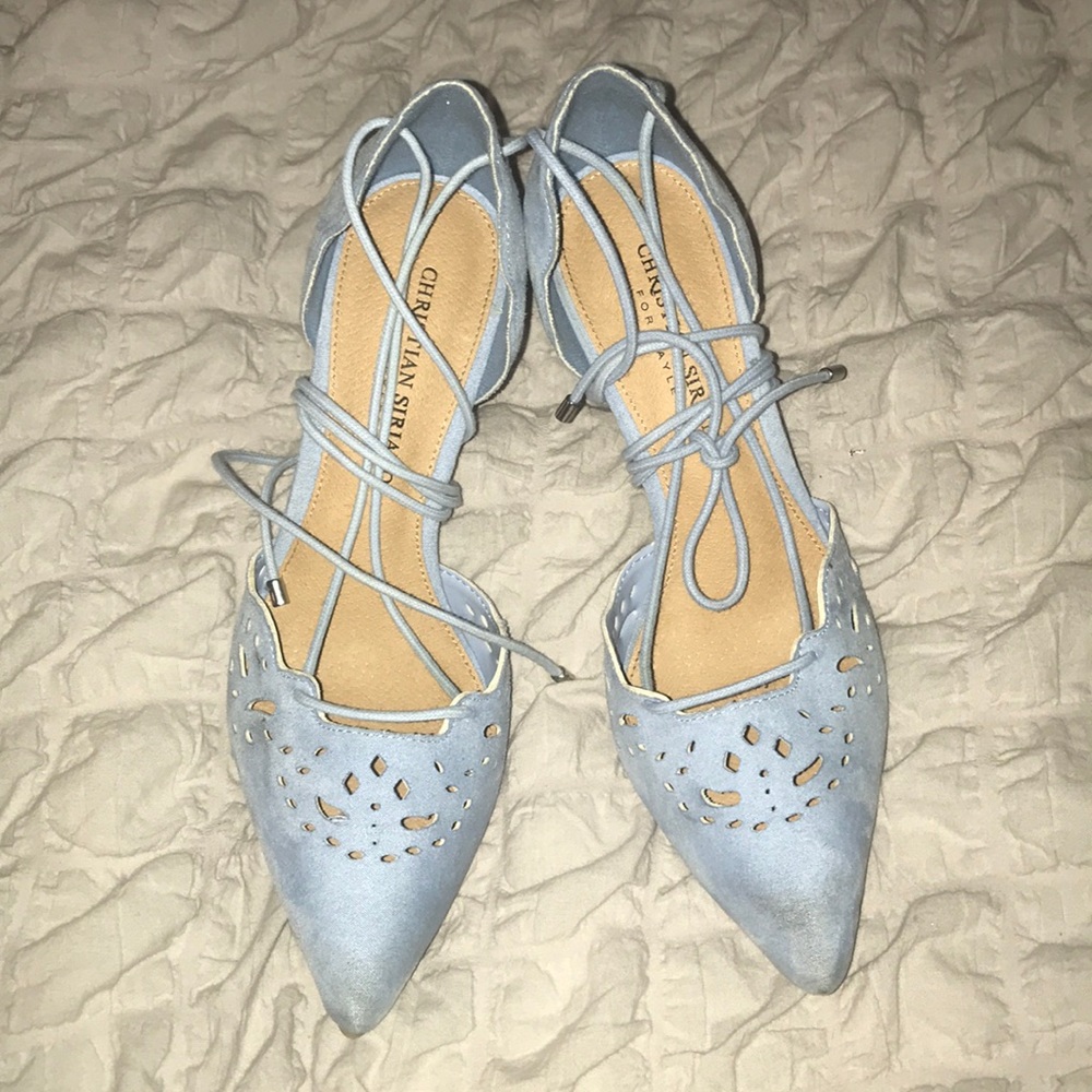 Lace up light blue heels